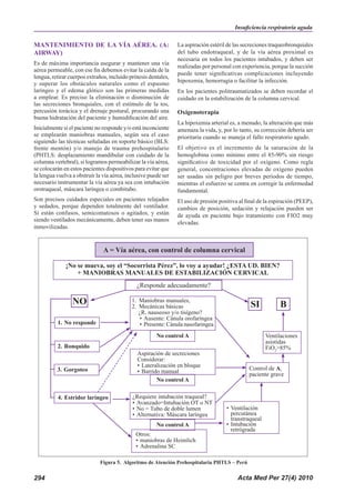 Acta Med Per 27(4) 2010294
MANTENIMIENTO DE LA VÍA AÉREA. (A:
AIRWAY)
Es de máxima importancia asegurar y mantener una vía
aérea permeable, con ese fin debemos evitar la caída de la
lengua, retirar cuerpos extraños, incluido prótesis dentales,
y superar los obstáculos naturales como el espasmo
laríngeo y el edema glótico son las primeras medidas
a emplear. Es preciso la eliminación o disminución de
las secreciones bronquiales, con el estímulo de la tos,
percusión torácica y el drenaje postural, procurando una
buena hidratación del paciente y humidificación del aire.
Inicialmente si el paciente no responde y/o está inconciente
se emplearán maniobras manuales, según sea el caso
siguiendo las técnicas señaladas en soporte básico (BLS:
frente mentón) y/o manejo de trauma prehospitalario
(PHTLS: desplazamiento mandibular con cuidado de la
columna vertebral), si logramos permeabilizar la vía aérea,
se colocarán en estos pacientes dispositivos para evitar que
la lengua vuelva a obstruir la vía aérea, inclusive puede ser
necesario instrumentar la vía aérea ya sea con intubación
orotraqueal, máscara laríngea o combitubo.
Son precisos cuidados especiales en pacientes relajados
y sedados, porque dependen totalmente del ventilador.
Si están confusos, semicomatosos o agitados, y están
siendo ventilados mecánicamente, deben tener sus manos
inmovilizadas.
La aspiración estéril de las secreciones traqueobronquiales
del tubo endotraqueal, y de la vía aérea proximal es
necesaria en todos los pacientes intubados, y deben ser
realizadas por personal con experiencia, porque la succión
puede tener significativas complicaciones incluyendo
hipoxemia, hemorragia o facilitar la infección.
En los pacientes politraumatizados se deben recordar el
cuidado en la estabilización de la columna cervical.
Oxigenoterapia
La hipoxemia arterial es, a menudo, la alteración que más
amenaza la vida, y, por lo tanto, su corrección debería ser
prioritaria cuando se maneja el fallo respiratorio agudo.
El objetivo es el incremento de la saturación de la
hemoglobina como mínimo entre el 85-90% sin riesgo
significativo de toxicidad por el oxígeno. Como regla
general, concentraciones elevadas de oxígeno pueden
ser usadas sin peligro por breves períodos de tiempo,
mientras el esfuerzo se centra en corregir la enfermedad
fundamental.
El uso de presión positiva al final de la espiración (PEEP),
cambios de posición, sedación y relajación pueden ser
de ayuda en paciente bajo tratamiento con FIO2 muy
elevadas.
Insuficiencia respiratoria aguda
Figura 5. Algoritmo de Atención Prehospitalaria PHTLS – Perú
A = Vía aérea, con control de columna cervical
¡No se mueva, soy el “Socorrista Pérez”, lo voy a ayudar! ¿ESTA UD. BIEN?
+ MANIOBRAS MANUALES DE ESTABILIZACIÓN CERVICAL
¿Responde adecuadamente?
1.		Maniobras manuales,
2.		Mecánicas básicas
	 ¿R. nauseoso y/o tisígeno?
•	Ausente: Cánula orofaríngea
•	Presente: Cánula nasofaringea
Aspiración de secreciones
Considerar:
•	Lateralización en bloque
•	Barrido manual
Ventilaciones
asistidas
FiO2
>85%
•	Ventilación
percutánea
transtraqueal
•	Intubación
retrógrada
Control de A,
paciente grave
¿Requiere intubación traqueal?
•	Avanzado=Intubación OT o NT
•	No = Tubo de doble lumen
•	Alternativa: Máscara laríngea
Otros:
•	maniobras de Heimlich
•	Adrenalina SC
No control A
1.	No responde
2.	Ronquido
3.	Gorgoteo
4.	Estridor laríngeo
No control A
No control A
NO SI B
 