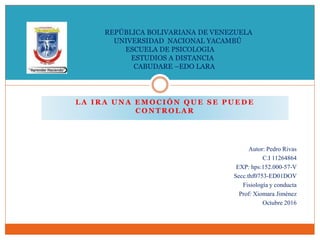 L A I R A U N A E M O C I Ó N Q U E S E P U E D E
C O N T R O L A R
REPÚBLICA BOLIVARIANA DE VENEZUELA
UNIVERSIDAD NACIONAL YACAMBÚ
ESCUELA DE PSICOLOGIA
ESTUDIOS A DISTANCIA
CABUDARE –EDO LARA
Autor: Pedro Rivas
C.I 11264864
EXP: hps:152.000-57-V
Secc.thf0753-ED01DOV
Fisiología y conducta
Prof: Xiomara Jiménez
Octubre 2016
 