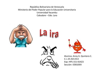 República Bolivariana de Venezuela
Ministerio del Poder Popular para la Educación Universitaria
Universidad Yacambu
Cabudare – Edo. Lara
Alumna: Anny G. Quintero C.
C.I.:25.923.913
Exp: HPS-151-01423
Sección: ED01D0V
 