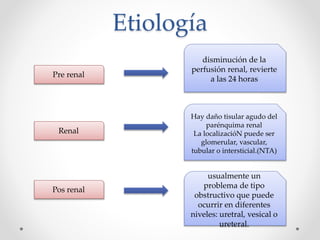 Etiología
Pre renal
Renal
Pos renal
disminución de la
perfusión renal, revierte
a las 24 horas
Hay daño tisular agudo del
parénquima renal
La localizacióN puede ser
glomerular, vascular,
tubular o intersticial.(NTA)
usualmente un
problema de tipo
obstructivo que puede
ocurrir en diferentes
niveles: uretral, vesical o
ureteral.
 