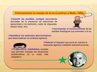Entrenamiento en manejo de la ira (Lochman y Wells, 1996)
Impedir las posibles ventajas secundarias
derivadas de la presencia de reacciones de
agresividad e ira (extinción, coste de respuesta,
tiempo fuera, etc).
Incrementar el reconocimiento de las
señales fisiológicas que preceden a la ira.
Identificar los estímulos discriminativos
que desencadenan la conducta agresiva.
Detener el impulso que pone en marcha la
respuesta agresiva mediante autoinstrucciones.
Proporcionar habilidades sociales
que permitan manejar las situaciones
problemáticas de un modo más
adaptativo.
 