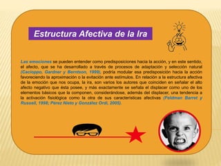 Las emociones se pueden entender como predisposiciones hacia la acción, y en este sentido,
el afecto, que se ha desarrollado a través de procesos de adaptación y selección natural
(Cacioppo, Gardner y Berntson, 1999), podría modular esa predisposición hacia la acción
favoreciendo la aproximación o la evitación ante estímulos. En relación a la estructura afectiva
de la emoción que nos ocupa, la ira, son varios los autores que coinciden en señalar el alto
afecto negativo que ésta posee, y más exactamente se señala el displacer como uno de los
elementos básicos que la componen, considerándose, además del displacer, una tendencia a
la activación fisiológica como la otra de sus características afectivas (Feldman Barret y
Russell, 1998; Pérez Nieto y González Ordi, 2005).
Estructura Afectiva de la Ira
 