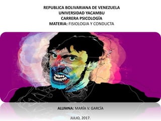 REPUBLICA BOLIVARIANA DE VENEZUELA
UNIVERSIDAD YACAMBU
CARRERA PSICOLOGÍA
MATERIA: FISIOLOGIA Y CONDUCTA
ALUMNA: MARÍA V. GARCÍA
JULIO, 2017.
 