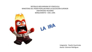 REPÚBLICA BOLIVARIANA DE VENEZUELA
MINISTERIO DEL PODER POPULAR PARA LA EDUCACIÓN SUPERIOR
UNIVERSIDAD YACAMBÚ
BARQUISIMETO – EDO. LARA
Integrante: Yoselin Guarimata
Asesor: Xiomara Rodríguez
 