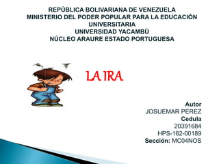 LA IRA
REPÚBLICA BOLIVARIANA DE VENEZUELA
MINISTERIO DEL PODER POPULAR PARA LA EDUCACIÓN
UNIVERSITARIA
UNIVERSIDAD YACAMBÚ
NÚCLEO ARAURE ESTADO PORTUGUESA
Autor
JOSUEMAR PEREZ
Cedula
20391684
HPS-162-00189
Sección: MC04NOS
 