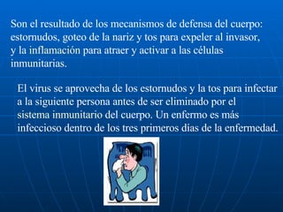 Son el resultado de los mecanismos de defensa del cuerpo: estornudos, goteo de la nariz y tos para expeler al invasor, y la  inflamación  para atraer y activar a las células inmunitarias.  El virus se aprovecha de los estornudos y la tos para infectar a la siguiente persona antes de ser eliminado por el  sistema inmunitario  del cuerpo. Un enfermo es más infeccioso dentro de los tres primeros días de la enfermedad.  