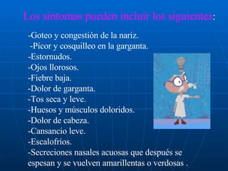 Los síntomas pueden incluir los siguientes : -Goteo y congestión de la nariz.   -Picor y cosquilleo en la garganta.  -Estornudos.  -Ojos llorosos.  -Fiebre baja.  -Dolor de garganta.  -Tos seca y leve.  -Huesos y músculos doloridos.  -Dolor de cabeza.  -Cansancio leve.  -Escalofríos.  -Secreciones nasales acuosas que después se espesan y se vuelven amarillentas o verdosas .  