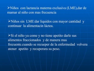 Niños  con lactancia materna exclusiva (LME),dar de mamar al niño con mas frecuencia  Niños sin  LME:dar liquidos con mayor cantidad  y continuar  la alimentacin láctea. Si el niño ya come y no tiene apetito darle sus alimentos fraccionados  y de manera mas frecuente.cuando se recueper de la enfermedad  volvera atener  apetito  y recuperara su peso. 