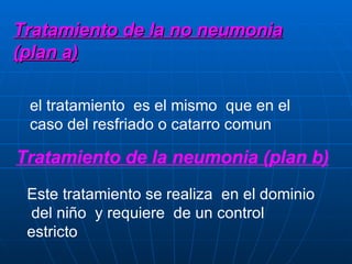 Tratamiento de la no neumonia (plan a) el tratamiento  es el mismo  que en el caso del resfriado o catarro comun Tratamiento de la neumonia (plan b) Este tratamiento se realiza  en el dominio  del niño  y requiere  de un control  estricto 