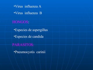 Virus  influenza A Virus  influenza  B HONGOS : Especies de aspergillus Especies de candida PARASITOS: Pneumocystis  carinii 