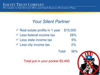 Your Silent Partner Real estate profits in 1 year  $15,000 Less federal income tax  28%  Less state income tax  6% Less city income tax  2% Total  36% Total amount owed in taxes $5400 Total put in your pocket $5,400 