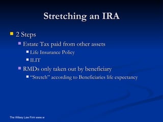 Stretching an IRA 2 Steps Estate Tax paid from other assets Life Insurance Policy ILIT RMDs only taken out by beneficiary “Stretch” according to Beneficiaries life expectancy 