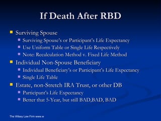 If Death After RBD Surviving Spouse Surviving Spouse’s or Participant’s Life Expectancy Use Uniform Table or Single Life Respectively Note: Recalculation Method v. Fixed Life Method Individual Non-Spouse Beneficiary Individual Beneficiary’s or Participant’s Life Expectancy Single Life Table Estate, non-Stretch IRA Trust, or other DB Participant’s Life Expectancy  Better that 5-Year, but still BAD,BAD, BAD 