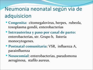 Neumonia neonatal según via de adquisicion Congenita:   citomegalovirus, herpes,  rubeola,  toxoplasma gondii, enterobacterias Intrrauterina y paso por canal de parto:  enterobacterias, str. Grupo b,  listeria monocytogenes. Postnatal comunitaria : VSR,  influenza A, parainfluenza Nosocomial : enterobacterias, pseudomona aeruginosa,  stafilo aureus. 