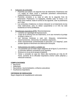 2.    Indicación de corticoides
      • Pacientes que pasan a la segunda hora de tratamiento: Prednisona oral
          1–2 mg/kg en dosis única o corticoide parenteral (hidrocortisona,
          metilprednisolona o betametasona).
      • Pacientes enviados a su casa al cabo de la segunda hora de
          tratamiento: Prednisona 1-2 mg/kg/día, dividida cada 12 horas o en
          dosis única matinal, hasta el control al día siguiente. Usar la prednisona
          por 5 días.
      • Los corticoides inhalatorios no tienen indicación en el tratamiento de las
          crisis obstructivas, pero no deben suspenderse si el niño los está
          recibiendo en forma profiláctica.

3.    Kinesiterapia respiratoria (KTR). Recomendaciones:
      • Lactante con signología de hipersecreción.
      • Luego de la primera hora de tratamiento, si en ese momento el puntaje
          es igual o menor a 7.
      • Las técnicas kinésicas a usar son: bloqueos, compresiones,
          descompresiones, vibraciones, tos asistida y aspiración.
      • Están expresamente contraindicadas la percusión y el "clapping", pues
          pueden agravar el fenómeno de obstrucción bronquial.

4.        Instrucciones a la madre o cuidador (a):
      •   Los pacientes que se traten según diagrama de la figura 2 y se envíen a
          su domicilio deberán controlarse al día siguiente.
      •   Entrenar en el uso de la terapia inhalatoria.
      •   Volver a consultar en caso de: fiebre alta mantenida por más de 24
          horas, aumento de la dificultad respiratoria (instruir sobre polipnea y
          retracción torácica).


COMPLICACIONES
• Neumonía
• Atelectasia
• Neumotórax, neumomediastino, enfisema subcutáneo
• Insuficiencia respiratoria

CRITERIOS DE DERIVACION
Según diagrama de hospitalización abreviada




                                                                                  21
 