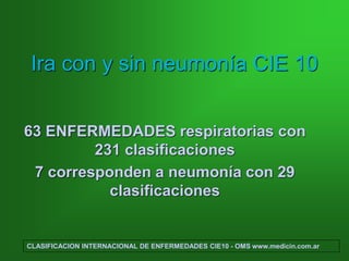 Ira con y sin neumonía CIE 10
63 ENFERMEDADES respiratorias con
231 clasificaciones
7 corresponden a neumonía con 29
clasificaciones
CLASIFICACION INTERNACIONAL DE ENFERMEDADES CIE10 - OMS www.medicin.com.ar
 