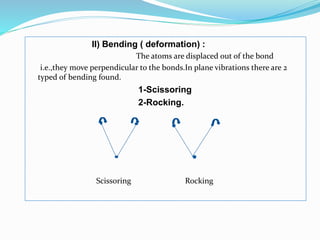 II) Bending ( deformation) :
The atoms are displaced out of the bond
i.e.,they move perpendicular to the bonds.In plane vibrations there are 2
typed of bending found.
1-Scissoring
2-Rocking.
Scissoring Rocking
 