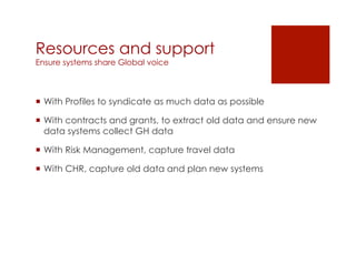 Resources and support
Ensure systems share Global voice



¡  With Profiles to syndicate as much data as possible

¡  With contracts and grants, to extract old data and ensure new
    data systems collect GH data

¡  With Risk Management, capture travel data

¡  With CHR, capture old data and plan new systems
 
