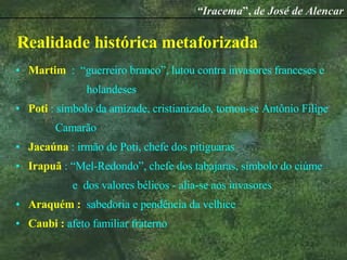 Realidade histórica metaforizada Martim  :  “guerreiro branco”, lutou contra invasores franceses e  holandeses Poti  : símbolo da amizade, cristianizado, tornou-se Antônio Filipe  Camarão Jacaúna  : irmão de Poti, chefe dos pitiguaras Irapuã  : “Mel-Redondo”, chefe dos tabajaras, símbolo do ciúme  e  dos valores bélicos - alia-se aos invasores Araquém :  sabedoria e pendência da velhice Caubi :  afeto familiar fraterno “ Iracema ”,  de José de Alencar 