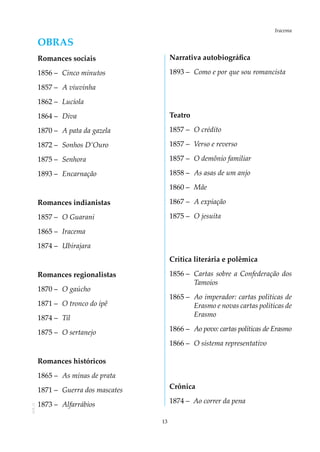 13
IracemaAOL-11
Obras
Romances sociais
1856 –	 Cinco minutos
1857 –	 A viuvinha
1862 –	 Lucíola
1864 –	 Diva
1870 –	 A pata da gazela
1872 –	 Sonhos D’Ouro
1875 –	 Senhora
1893 –	 Encarnação
Romances indianistas
1857 –	 O Guarani
1865 –	 Iracema
1874 –	 Ubirajara
Romances regionalistas
1870 –	 O gaúcho
1871 –	 O tronco do ipê
1874 –	 Til
1875 –	 O sertanejo
Romances históricos
1865 –	 As minas de prata
1871 –	 Guerra dos mascates
1873 –	 Alfarrábios
Narrativa autobiográfica
1893 –	 Como e por que sou romancista
Teatro
1857 –	 O crédito
1857 –	 Verso e reverso
1857 –	 O demônio familiar
1858 –	 As asas de um anjo
1860 –	 Mãe
1867 –	 A expiação
1875 –	 O jesuíta
Crítica literária e polêmica
1856 –	 Cartas sobre a Confederação dos
Tamoios
1865 –	 Ao imperador: cartas políticas de
Erasmo e novas cartas políticas de
Erasmo
1866 –	 Ao povo: cartas políticas de Erasmo
1866 –	 O sistema representativo
Crônica
1874 –	 Ao correr da pena
 