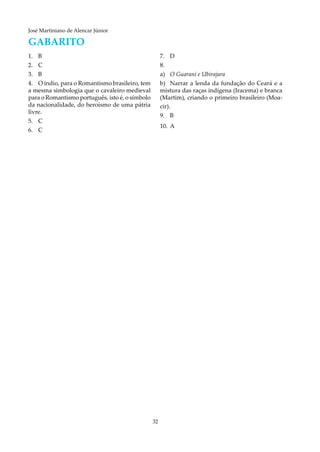 32
José Martiniano de Alencar Júnior
Gabarito
1.	B	
2.	C
3.	B
4.	O índio, para o Romantismo brasileiro, tem
a mesma simbologia que o cavaleiro medieval
para o Romantismo português, isto é, o símbolo
da nacionalidade, do heroísmo de uma pátria
livre.
5.	C	
6.	C	
7.	D	
8.
a)	 O Guarani e Ubirajara
b)	Narrar a lenda da fundação do Ceará e a
mistura das raças indígena (Iracema) e branca
(Martim), criando o primeiro brasileiro (Moa-
cir).
9.	B	
10.	 A
 