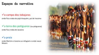 o campo dos tabajaras
onde fica a taba do pajé Araquém, pai de Iracema
a terra dos potiguaras (ou pitiguaras)
onde fica a taba de Jacaúna
a praia
onde Martim e Iracema se refugiam e onde nasce
Moacir.
Espaços da narrativa
 