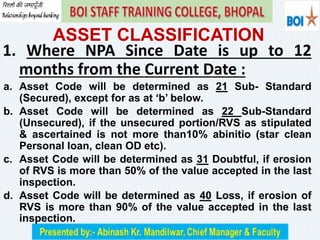 ASSET CLASSIFICATION
1. Where NPA Since Date is up to 12
months from the Current Date :
a. Asset Code will be determined as 21 Sub- Standard
(Secured), except for as at ‘b’ below.
b. Asset Code will be determined as 22 Sub-Standard
(Unsecured), if the unsecured portion/RVS as stipulated
& ascertained is not more than10% abinitio (star clean
Personal loan, clean OD etc).
c. Asset Code will be determined as 31 Doubtful, if erosion
of RVS is more than 50% of the value accepted in the last
inspection.
d. Asset Code will be determined as 40 Loss, if erosion of
RVS is more than 90% of the value accepted in the last
inspection.
 