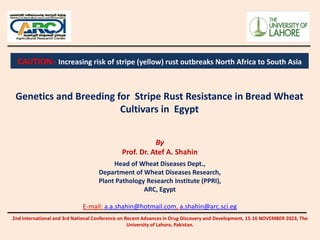Genetics and Breeding for Stripe Rust Resistance in Bread Wheat
Cultivars in Egypt
2nd International and 3rd National Conference on Recent Advances in Drug Discovery and Development, 15-16 NOVEMBER 2023, The
University of Lahore, Pakistan.
By
Prof. Dr. Atef A. Shahin
Head of Wheat Diseases Dept.,
Department of Wheat Diseases Research,
Plant Pathology Research Institute (PPRI),
ARC, Egypt
E-mail: a.a.shahin@hotmail.com, a.shahin@arc.sci.eg
CAUTION:- Increasing risk of stripe (yellow) rust outbreaks North Africa to South Asia
 