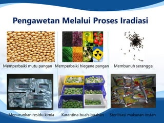 Pengawetan Melalui Proses Iradiasi
Memperbaiki mutu pangan Memperbaiki hiegene pangan Membunuh serangga
Menurunkan residu kimia Karantina buah-buahan Sterilisasi makanan instan
 