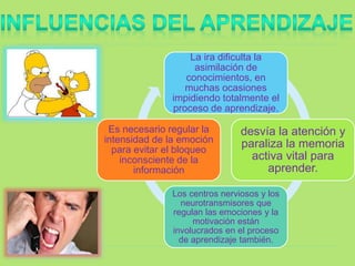 La ira dificulta la
asimilación de
conocimientos, en
muchas ocasiones
impidiendo totalmente el
proceso de aprendizaje.
desvía la atención y
paraliza la memoria
activa vital para
aprender.
Los centros nerviosos y los
neurotransmisores que
regulan las emociones y la
motivación están
involucrados en el proceso
de aprendizaje también.
Es necesario regular la
intensidad de la emoción
para evitar el bloqueo
inconsciente de la
información
 