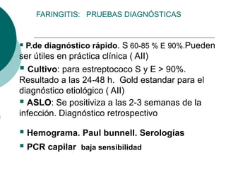 FARINGITIS: PRUEBAS DIAGNÓSTICAS
 P.de diagnóstico rápido. S 60-85 % E 90%.Pueden
ser útiles en práctica clínica ( AII)
 Cultivo: para estreptococo S y E > 90%.
Resultado a las 24-48 h. Gold estandar para el
diagnóstico etiológico ( AII)
 ASLO: Se positiviza a las 2-3 semanas de la
infección. Diagnóstico retrospectivo
 Hemograma. Paul bunnell. Serologías
 PCR capilar baja sensibilidad
 