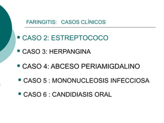 FARINGITIS: CASOS CLÍNICOS
 CASO 2: ESTREPTOCOCO
 CASO 3: HERPANGINA
 CASO 4: ABCESO PERIAMIGDALINO
 CASO 5 : MONONUCLEOSIS INFECCIOSA
 CASO 6 : CANDIDIASIS ORAL
 