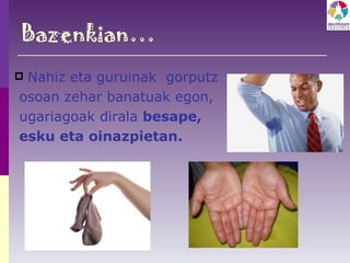 Bazenkian… Nahiz eta guruinak  gorputz osoan zehar banatuak egon, ugariagoak dirala  besape,  esku eta oinazpietan. 