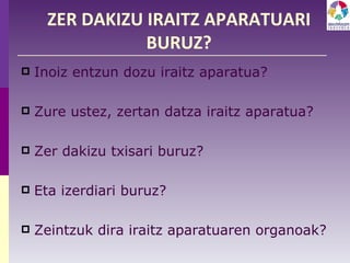 ZER DAKIZU IRAITZ APARATUARI BURUZ? Inoiz entzun dozu iraitz aparatua? Zure ustez, zertan datza iraitz aparatua? Zer dakizu txisari buruz? Eta izerdiari buruz? Zeintzuk dira iraitz aparatuaren organoak? 