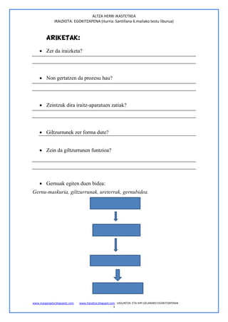 ALTZA HERRI IKASTETXEA
               IRAIZKETA: EGOKITZAPENA (iturria: Santillana 6.mailako testu liburua)



         ARIKETAK:

     Zer da iraizketa?




     Non gertatzen da prozesu hau?




     Zeintzuk dira iraitz-aparatuen zatiak?




     Giltzurrunek zer forma dute?


     Zein da giltzurrunen funtzioa?




     Gernuak egiten duen bidea:
Gernu-maskuria, giltzurrunak, ureterrak, gernubidea.




www.margarigela.blogspotc.com   www.hipialtza.blogspot.com LAGUNTZA ETA HIPI GELARAKO EGOKITZAPENAK
                                                         3
 