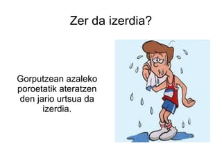 Zer da izerdia? Gorputzean azaleko poroetatik ateratzen den jario urtsua da izerdia. 
