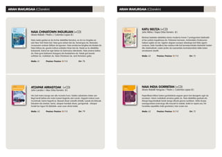 NAIA INDIA GORRIETAN (+CD)
Alvaro Rabelli Yanguas / Pedro J. Colombo Lopez (il.)
Papiroflexia biltzar batera gonbidatuta zegoen gizon bat desagertu egin da
ezustean. Haren maitaleak arrastoa galdu du. Naia detektibe gazteak eta
Margot laguntzaileak lanak izango dituzte gizona aurkitzen. Hiriko ilunpe
ezezagunetara eramango ditu kasuak bi neskak, baita lur azpira ere; hiri
honetako aspaldiko india gorrietara, hain zuzen ere.
Maila: A2	 Prezioa: Prezioa: 13 11 €		 Orr: 72
KATU BELTZA (+CD)
John Milne / Kepa Orbe Ferreiro (il.)
Ekintzaz betetako detektibe-istorio moderno honen 7 protagonista Salahadin
el Nur polizia inspektorea da. Poliziaren barnean, Antzinateko Ondasunen
Sailean egiten du lan. Egipton dagoen europar arkeologo bat hilda agertu
ondoren, balio handikoa den estatua txiki bat berreskuratzeko ikerketak hasten
ditu Salahadinek. Laster jarriko da nazioarteko kontrabandista-talde baten
arrastoaren atzetik.
Maila: A2	 Prezioa: Prezioa: 13 11 €		 Orr: 72
ARIAN IRAKURGAIA (CDarekin)ARIAN IRAKURGAIA (CDarekin)
NAIA CHINATOWN INGURUAN (+CD)
Alvaro Rabeli / Pedro J. Colombo Lopez (il.)
Naia neska gaztea ez da Archer detektibe famatua, ez da Los Angeles-en
edo New York hirian bizi. Naia gure artean bizi da, hemengoa da, titaniozko
museoaren ondoan ibiltzen da egunero. Naia emakume langilea eta ikaslea da.
Naia hirikoa da, gaurko kultura anitzeko hirian bizi da. Naiak ez du detektibe
bokaziorik, baina lan egin behar du bizimodua ateratzeko. Naia zinema beltza
da. Naia gure bizitzaren itsasgora eta itsasbehera da. Naiak guk bezala
sufritzen du, maitatzen du. Naia Chinatown da, Jack Nicholson gabe.
Maila: A1	 Prezioa: Prezioa: 13 11 €		 Orr: 76
ATZAPAR ARRASTOAK (+CD)
John Landon / Alex Orbe Ferreiro (il.)
Hiru bat metro izango zen altu munstro hura. Gelako sabairaino iristen zen.
Begi handi beltzei eta moko luzeari begiratu zien Larryk. Hegazti-mokoa zuen
munstroak, baina hegorik ez. Besoak zituen soinetik zintzilik, luzeak eta iletsuak.
Eskuetan eta oinetan, berriz, atzapar handiak zituen, gorrigorriak. -Atzapar
horiek lau lagun hil dizkidate- esan zuen ahots batek.
Maila: A2	 Prezioa: Prezioa: 13 11 €		 Orr: 74
 