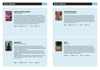 MEHATXUA
Garbiñe Ubeda Goikoetxea
Amak Frantziara, Nizako aldiri urrunetara, bidali du Larraitz uda pasatzera,
institutuko irakaslearengandik aldentzeko; euren arteko harremana ez omen da
“naturala”. Larraitzek, ordea, ezin dio inori kontatu Kilopondiorekin duen loturaren
arrazoia, ez etxekoiei ez lagunei.
Edozein modutan, hilketaren lekuko izan ondoren, herritik urrutiratu beharra
zeukan, Martinen abandonatzea gainditzen hasteko eta, batez ere, arriskuan
dagoelako. Ezagutzen ez duen familia baten etxean egokitu da, itxuraz, amaren
gaztetako lagunak.
Ustekabean, iraganari ihes egitea ezinezkoa dela gogoraraziko dio telefono-dei
batek: “Hola, hija de puta. Sabemos todo de ti. Como se te ocurra volver,
te vamos a matar”.
Maila: C1 Prezioa: 11 9,35 € Orr: 92 Urtea: 2019
KATU
Iñigo Dierez
Asier bullying-aren biktima da, bere gelako hiru lerdok bizitza izorratzen
diote eta edozer egingo luke haietaz libratzearren. Bat-batean, amets bat
balitz bezala, zer eta katu beltz bat azalduko zaio, bere nahiak gauzatzeko
prest: Asierrek nahi badu, katuak hil egingo ditu hainbeste sufriarazten dioten
malapartatu horiek. Horren truke, baina, Asierrek maite duen norbait ere
bizidunen mundutik eramango du katuak. Zorakeria dirudi, baina egia balitz?
Proposamen kilikagarri bezain arriskutsua?
Maila: B1-B2 Prezioa: 16 13,5€ Orr: 200		 Urtea: 2019
BIZITZA MOTOR GAINEAN
Xabier Mendiguren
18 urte ditu Ainarak. Amaitua du Batxilergoa, baina ez du garbi ikusten zer
egin bizitzan eta, amari aurre eginez, ikasketak alde batera utzi eta amonaren
etxera joango da bolada baterako. Handik lagun bati idatziko dizkio gutunak,
bere bizitzaren berri emateko: bururatzen zaizkion ideiak, gertatzen zaizkion
pasadizoak… Tartean izango dira hainbat ustekabe eta bihotza pilpiraz jarriko
dioten zenbait abentura. Eskutitz horien bidez joango gara ezagutzen Ainara
bera, eta baita haren ingurua ere: gaztaroaren lilurak eta beldurrak, norbere
buruaren eta geroaren jabe izateko egin beharreko borrokak…
Maila: B2 Prezioa: 11,50 9,75 € Orr: 120 Urtea: 2019
INOREN MUNDUAN
Asel Luzarraga Zarrabeitia
Baso eta ibai, mendi eta mortu, itsaso eta hiriz osaturiko lurralde ezezagun
eta denbora zehaztugabe batera garamatza Asel Luzarragak abenturaz eta
fantasiaz, borrokaz eta errebeldiaz beteriko nobela honetan. Aize eta Hodei,
egoera zailean topo egingo duten bi emakume gazte dira; andre gerlarien
leinutik erbesteratua bata, sorginen askazikoa izateagatik jazarria bestea, era
guztietako etsai eta arerioei egin beharko diete aurre, bidean topatuko duten
Leixuri adiskidearekin batera.
Maila: Prezioa: 18,50 15,70 € Orr: 252 Urtea: 2019
GAZTE LITERATURAGAZTE LITERATURA
 