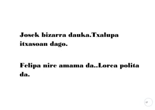 17
Josek bizarra dauka.Txalupa
itxasoan dago.
Felipa nire amama da..Lorea polita
da.
 