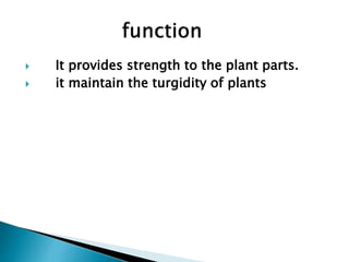  It provides strength to the plant parts.
 it maintain the turgidity of plants
 