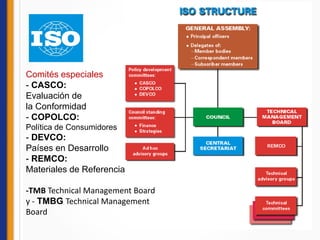 Comités especiales
- CASCO:
Evaluación de
la Conformidad
- COPOLCO:
Política de Consumidores
- DEVCO:
Países en Desarrollo
- REMCO:
Materiales de Referencia
-TMB Technical Management Board
y - TMBG Technical Management
Board
 