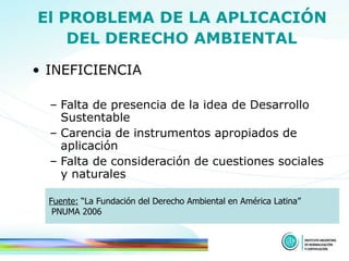 El PROBLEMA DE LA APLICACIÓN  DEL DERECHO AMBIENTAL   INEFICIENCIA   Falta de presencia de la idea de Desarrollo Sustentable Carencia de instrumentos apropiados de aplicación Falta de consideración de cuestiones sociales y naturales Fuente:  “La Fundación del Derecho Ambiental en América Latina”  PNUMA 2006 