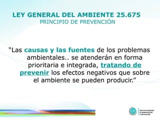 LEY GENERAL DEL AMBIENTE 25.675  PRINCIPIO DE PREVENCIÓN “ Las  causas y las fuentes  de los problemas ambientales.. se atenderán en forma prioritaria e integrada,  tratando de prevenir  los efectos negativos que sobre el ambiente se pueden producir.” 