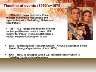 Timeline of events (1950’s~1979) 1959 – Tehran Nuclear Research Center (TNRC) is established by the Atomic Energy Organization of Iran (AEOI) 1967 – TNRC is equipped with a U.S. research reactor which is fueled by highly enriched uranium 1953 – U.S. helps overthrow Prime Minister Muhammad Mossadegh and replaces him with Shah (King) Mohammad Reza Pahlavi 1957 – U.S. judges Iran friendly and that nuclear proliferation is not a threat; U.S. “Atoms for Peace” Program establishes a nuclear cooperation program in Iran 