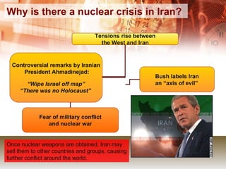Why is there a nuclear crisis in Iran?  Once nuclear weapons are obtained, Iran may sell them to other countries and groups, causing further conflict around the world. Tensions rise between the West and Iran Fear of military conflict and nuclear war Controversial remarks by Iranian President Ahmadinejad: “ Wipe Israel off map” “ There was no Holocaust”   Bush labels Iran an “axis of evil”   