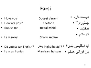 Farsi
• I love you Dooset daram
• How are you? Chetori?
• Excuse me! Bebakhshid
• I am sorry Sharmandam
• Do you speak English? Aya inglisi baladi?
• I am an Iranian Man Irani hatsam
53
• ‫دارم‬ ‫دوست‬
• ‫چطوری؟‬
• ‫ببخشید‬
• ‫شرمندم‬
• ‫بلدی؟‬ ‫انگلیسی‬ ‫آیا‬
• ‫هستم‬ ‫ایرانی‬ ‫من‬
 