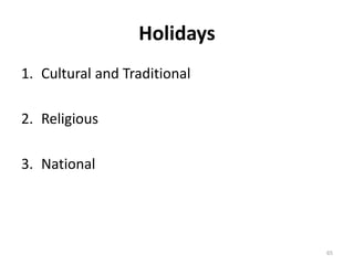 Holidays
1. Cultural and Traditional
2. Religious
3. National
65
 