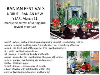 IRANIAN FESTIVALS
NORUZ‐ IRANIAN NEW 
YEAR, March 21
marks the arrival of spring and 
revival of nature
sabzeh ‐ wheat, barley or lentil sprouts growing in a dish ‐ symbolizing rebirth 
samanu ‐ a sweet pudding made from wheat germ ‐ symbolizing affluence 
senjed ‐ the dried fruit of the oleaster tree ‐ symbolizing love 
sīr ‐ garlic ‐ symbolizing medicine 
sīb ‐ apples ‐ symbolizing beauty and health 
somaq ‐ sumac berries ‐ symbolizing (the color of) sunrise 
serkeh ‐ vinegar ‐ symbolizing age and patience 
Sonbol ‐ Hyacinth (plant)
Sekkeh ‐ Coins ‐ representative of wealth 
a bowl of water with goldfish (life within life)
a mirror (symbolizing cleanness and honesty) 
 