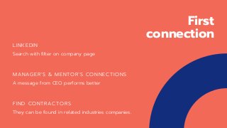 First
connection
FIND CONTRACTORS
They can be found in related industries companies.
MANAGER'S & MENTOR'S CONNECTIONS
A me...