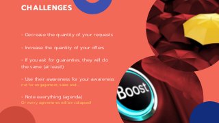 CHALLENGES
- Decrease the quantity of your requests
- Increase the quantity of your offers
- If you ask for guaranties, th...